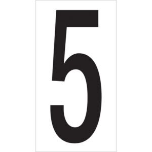 The image highlights a bold black number 5 centered on a white background, similar to the MH-USA 3 1/2 5 Vinyl Warehouse Number Labels, sold in packs of 50 per case.