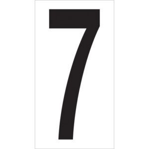 A prominent black number 7 is centered on a white background, similar to MH-USAs 3 1/2 7 Vinyl Warehouse Number Labels, sold in cases of 50. Ideal for organizational use.