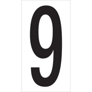 The image features a bold, black 9 centered on a white background, reminiscent of the MH-USA 3 1/2 9 Vinyl Warehouse Number Labels (50/Case), ideal for effortless inventory organization.