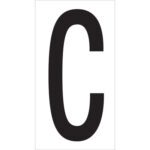 A large, bold black C on a white background, resembling the MH-USA 3 1/2 C Vinyl Warehouse Letter Labels (50/Case) known for clarity and precision.