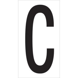 A large, bold black C on a white background, resembling the MH-USA 3 1/2 C Vinyl Warehouse Letter Labels (50/Case) known for clarity and precision.