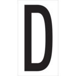A large, bold, black letter D on a plain white background resembles the MH-USA 3 1/2 D Vinyl Warehouse Letter Labels, available in sets of 50 per case.