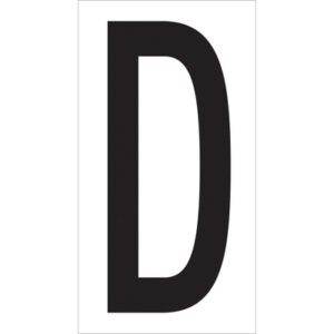 A large, bold, black letter D on a plain white background resembles the MH-USA 3 1/2 D Vinyl Warehouse Letter Labels, available in sets of 50 per case.