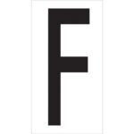 A large, bold black letter F is centered on a white rectangular background, similar to the MH-USA 3 1/2 F Vinyl Warehouse Letter Labels (50/Case).