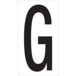 The image displays a large black uppercase G centered on a white background, similar to MH-USA 3 1/2 G Vinyl Warehouse Letter Labels (50/Case).