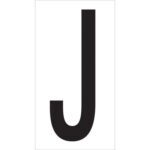 A large, bold black J, similar to the MH-USA 3 1/2 J Vinyl Warehouse Letter Labels (50/Case), is centered on a pristine white background.