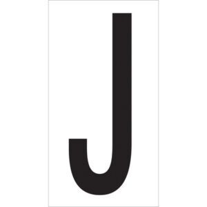 A large, bold black J, similar to the MH-USA 3 1/2 J Vinyl Warehouse Letter Labels (50/Case), is centered on a pristine white background.