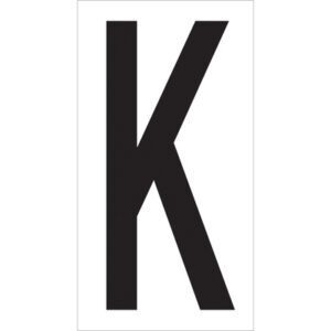 The image shows a large, bold black K on a white background, similar to the MH-USA 3 1/2 K Vinyl Warehouse Letter Labels (50/Case).