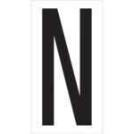 A large black N on a white background dominates the image, resembling the MH-USA 3 1/2 N Vinyl Warehouse Letter Labels, perfect for clear organization and labeling.