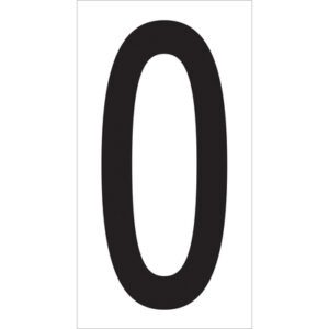 The image shows a large black numeral zero, similar to the MH-USA 3 1/2 O Vinyl Warehouse Letter Labels (50/Case), centered on a clean white background.