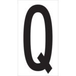 A large, bold black letter Q on a white background, similar to MH-USA 3 1/2 Q Vinyl Warehouse Letter Labels (50/Case), ideal for organization or decoration.