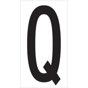 A large, bold black letter Q on a white background, similar to MH-USA 3 1/2 Q Vinyl Warehouse Letter Labels (50/Case), ideal for organization or decoration.