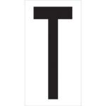 A bold black T is centered on a white rectangle, resembling the MH-USA 3 1/2 T Vinyl Warehouse Letter Labels.