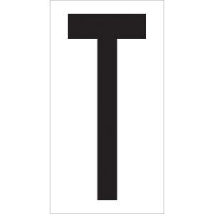 A bold black T is centered on a white rectangle, resembling the MH-USA 3 1/2 T Vinyl Warehouse Letter Labels.