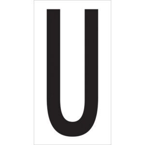 A bold black U is prominently displayed on a white rectangle, similar to the MH-USA 3 1/2 U Vinyl Warehouse Letter Labels (50/Case).