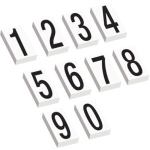 MH-USA 3½ Vinyl Warehouse Number Kit Labels (1 Kit) feature white blocks with black numbers arranged in three rows: numbers 1-4 on top, 5-8 in the middle, and 9 and 0 at the bottom, ensuring organized visibility in any setting.