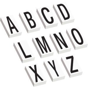 The MH-USA 3 1/2 Vinyl Warehouse Letter Kit Labels (1300/Case) features a grid arrangement: A, B, C, D on the top row; L, M, N, O in the middle; and X, Y, Z at the bottom—all bold black on white blocks.