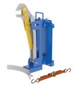The Vestil Drum Lifter, Carriage Mounted, features a blue and silver base with a yellow lever and includes a brown strap with black hooks for versatile use.