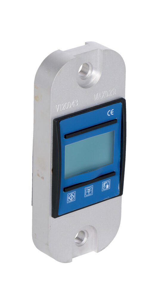 DLI-05_A.jpg The Vestil Digital Load Indicator 500 Lb includes a pressure sensor, a blue rectangular display on a gray rounded casing, with a 500 lb capacity. It features three buttons and markings on the top and bottom for easy operation.