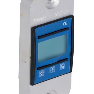 The Vestil Digital Load Indicator 500 Lb includes a pressure sensor, a blue rectangular display on a gray rounded casing, with a 500 lb capacity. It features three buttons and markings on the top and bottom for easy operation.