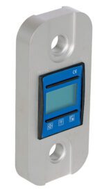 The Vestil Digital Load Indicator 14000 Lb features a blue screen within a sleek silver metallic housing, with large holes at the top and bottom, designed to measure loads up to 14,000 lb.