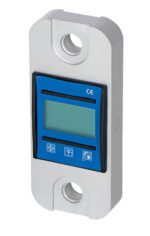 The Vestil Digital Load Indicator 2000 Lb boasts a sleek rectangular design with a blue display, three buttons, sturdy metal casing, and two circular mounting holes. The CE mark adds sophistication to this robust gauge.
