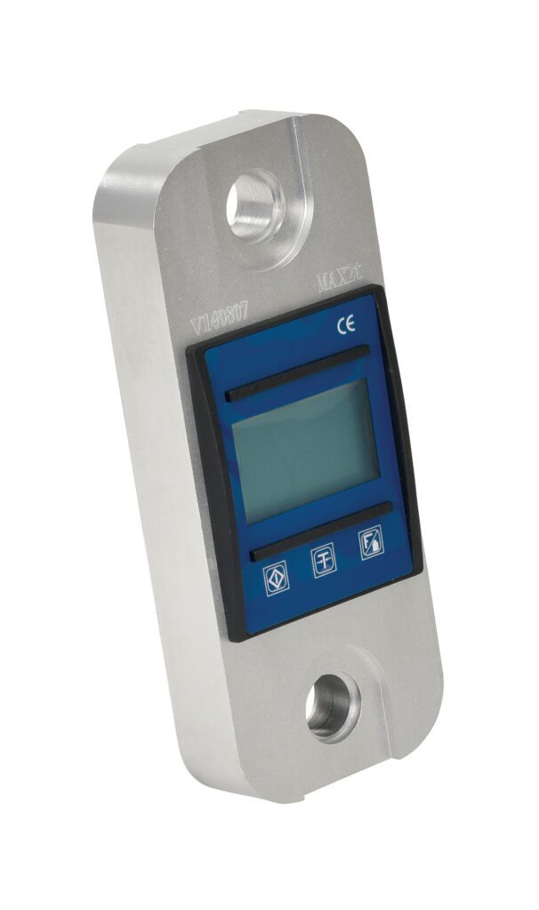 The Vestil Digital Load Indicator 4000 Lb features a blue display and silver casing, with two circular connectors at opposite ends. Intuitive control buttons are located below the screen for easy use.