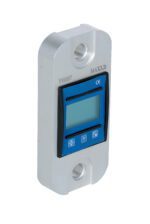The Vestil Digital Load Indicator 7000 Lb features a sleek metal design with a blue digital screen, silver casing, rounded corners, and two holes. It reads MAX 3.2t and V01057, supporting up to 7000 lb with precision.