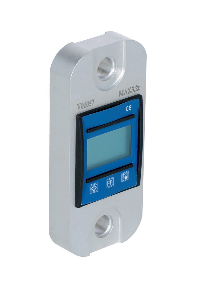 DLI-7_A.jpg The Vestil Digital Load Indicator 7000 Lb features a sleek metal design with a blue digital screen, silver casing, rounded corners, and two holes. It reads MAX 3.2t and V01057, supporting up to 7000 lb with precision.