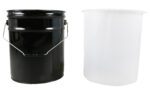 A black metal bucket with a handle stands upright next to the 5-gallon Vestil High Density Rigid Pail Liner on a plain white background.