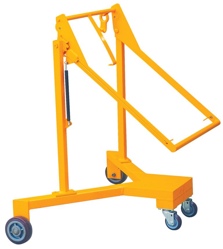 DM-550_A.jpg The orange folding engine hoist with hydraulic jack is perfect for lifting engines, thanks to its adjustable arm for varied reach and angles, resembling the versatile Vestil Drum Lifter/Palletizer. It also features two rear wheels and a rotating front wheel for easy mobility.
