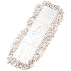 The MH-USA Economy Cut-End Dust Mop Head - 24 is a rectangular white mop head with beige fringes, ideal for floor cleaning. It has a cloth center and fringed edges for efficient dust collection and easy maintenance.