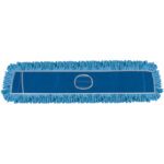 The 36 MH-USA Deluxe Looped-End Dust Mop Head has a blue rectangular design with fringe edges and a central pocket for easy handle attachment, optimizing cleaning efficiency.