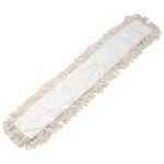 The MH-USA Economy Cut-End 48 Dust Mop Head is a rectangular, white, fringed mop perfect for floor cleaning. Its long, narrow design and side-extending fabric offer a fluffy look that efficiently captures dust.