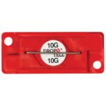 The red rectangular 10G DROP N TELL 10G device, with two small circular holes and a central metal wire, is one of the reliable 10G Drop-N-Tell® Indicators (25/Case) for precise shipment monitoring.