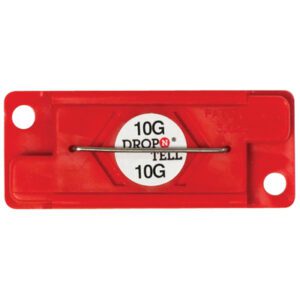 The red rectangular 10G DROP N TELL 10G device, with two small circular holes and a central metal wire, is one of the reliable 10G Drop-N-Tell® Indicators (25/Case) for precise shipment monitoring.