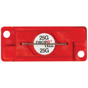 A rectangular red device labeled 25G Drop-N-Tell® Indicators in bold black text within a white circle, featuring two side holes and a central metal wire, available in cases of 25.