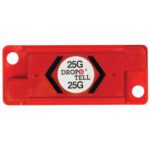 The 25G Resettable Drop-N-Tell® Indicator, in red plastic with two inward-pointing black arrows, features easy mounting via side holes and is sold in a 25-case pack.