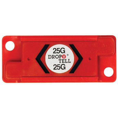 DNT25R.jpg The 25G Resettable Drop-N-Tell® Indicator, in red plastic with two inward-pointing black arrows, features easy mounting via side holes and is sold in a 25-case pack.