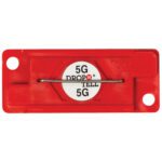 A red rectangular 5G Drop-N-Tell® Indicator features a white circle in the center, two holes on opposite ends, and a metal pin across the label. Sold as a set of 25 per case for monitoring handling.