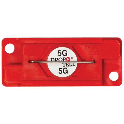 DNT5.jpg A red rectangular 5G Drop-N-Tell® Indicator features a white circle in the center, two holes on opposite ends, and a metal pin across the label. Sold as a set of 25 per case for monitoring handling.