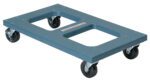 The Vestil Polyethylene Dolly Flush Top 18 X 30, made of blue plastic, includes a flush top design with two rectangular cutouts for easy handling. It measures 18 x 30 inches and features four swivel caster wheels, ideal for transporting heavy objects or boxes.