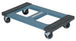 The Vestil Polyethylene Dolly Padded Top 18 X 30 is a flat blue dolly with four black swivel caster wheels, two large cut-out handles for easy carrying, and black textured padding on opposite sides for grip and protection.