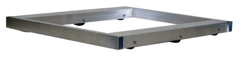 OLYMPUS DIGITAL CAMERA The Vestil Alum Pallet Dolly W/Tilt 4K 36 X 36 has a square metal frame, hollow center, and side wheels. Made from silver material, its lightweight and sturdy, shown against a plain white background.