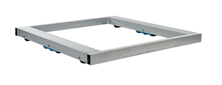 The Vestil Alum Pallet Dolly No Tilt 8K features a silver, square metal design with blue corner casters, ideal for moving heavy items. Photographed on a white background, this 48 x 48 dolly offers effortless maneuverability and durability.