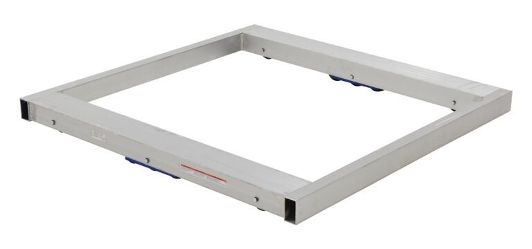 DOL-4848-10T_A.jpg The Vestil Alum Pallet Dolly W/Tilt 8K 48 X 48 is a square metallic frame with a simple, sturdy structure, featuring handles on two sides and labeled text on one edge. It has a smooth, evenly finished surface for support or attachment.