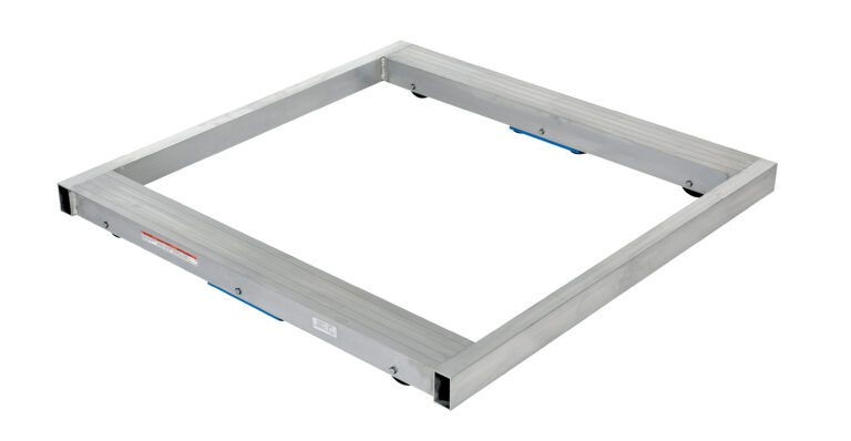 A metal square frame with a brushed finish and blue plastic corners, like the Vestil Alum Pallet Dolly No Tilt 6K 48 X 48, rests on a white background with slightly raised sides for a hollow center.