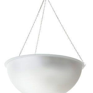 A large, dome-shaped light fixture similar to the Vestil Dome Mirror 360 Degree 18 Ft Distance hangs by three chains attached to hooks. With a sleek, white surface, it provides modern lighting and covers up to 18 ft in all directions.