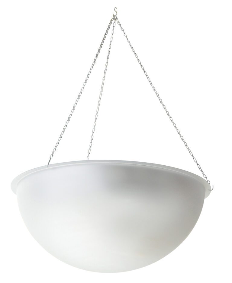 A large, white, dome-shaped light fixture with a frosted glass look, similar to a Vestil Dome Mirror 360 Degree 26 Ft Distance, hangs from three metal chains on hooks, providing an enchanting 360-degree glow over a spacious 26 ft area.
