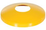 A shiny yellow plastic disc with a central hole, shaped like a flat cone, resembles the Vestil Protective Dome for 4.5-inch Bollards.